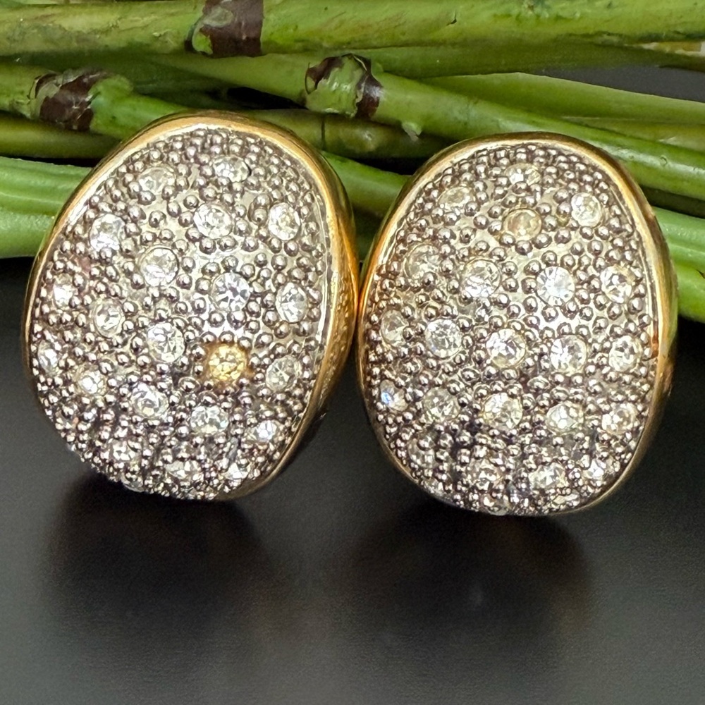 Vintage Unsigned Pave Crystal Gold-tone Dome Huggie Huge Statement Earrings 46g.